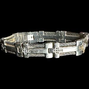 STAINLESS STEEL Silver Black Cubic Zirconia Cross Religious Designer Link Bracel